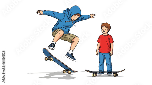 Skateboard Stunt: Two young boys engage in an exciting skateboard session, with one executing an impressive mid-air jump while the other observes.