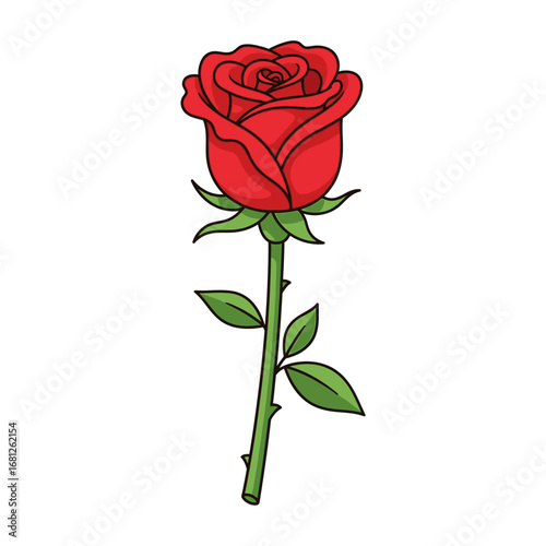 Crimson Beauty: A single, vibrant red rose, elegantly depicted in a photorealistic illustration, symbolizing love and passion.