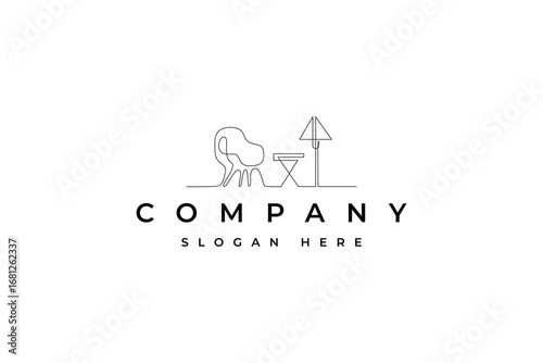 home interior furniture logo chairs, tables and bedside lamps in continuous line design style