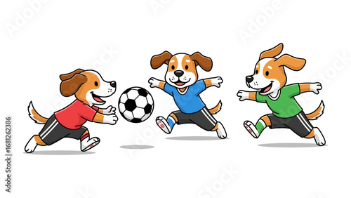 Playful Paws in the Game: Three cheerful canine athletes leap into action, dribbling a soccer ball across a field, showcasing a delightful cartoon illustration of teamwork and fun.