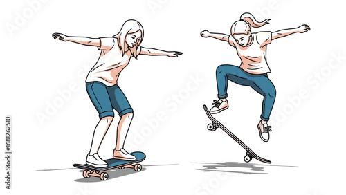 Skateboarders in Action: Energetic illustrations showcasing the dynamic moves of skateboarders with an artistic sketch style, highlighting the thrill and motion of the sport. 