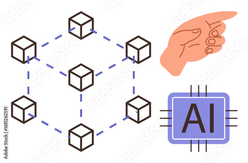 Blockchain network diagram connected to AI chipset next to a pointing human hand. Ideal for technology, blockchain, artificial intelligence, decision-making, innovation, data sharing, digital