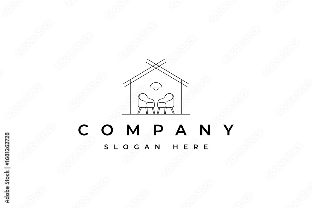 Fototapeta premium Interior furniture logo chair with home building concept in line art design style