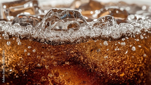 Close-up of ice crystals against a dark fizzy beverage background with foam and tiny bubbles clinging to the glass, rising to the top.