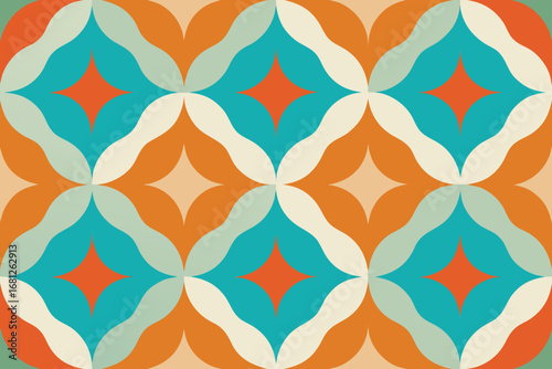 Retro Geometric Pattern with Turquoise, Orange, and Beige Floral Shapes and Diamond Centers