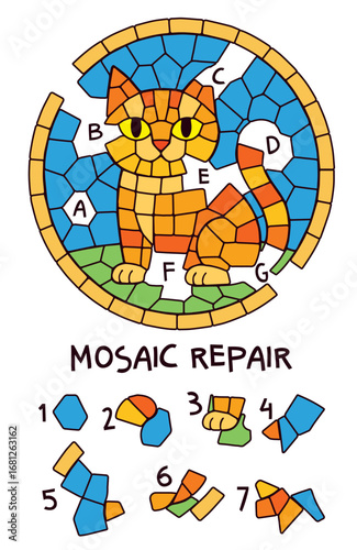 Kids visual puzzle. Repair the cat mosaic by matching missing fragments with the correct pieces. Bright worksheet that builds attention, shape matching, and spatial reasoning.