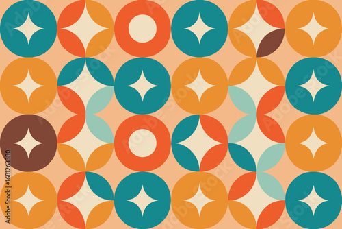 Retro Pattern with Circles, Diamond Shapes, and Orange, Blue, Brown, and Beige Colors