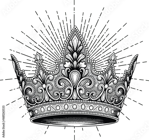 Crown: A highly detailed line art illustration of a majestic crown, with intricate patterns, jewels, and a radiant sunburst behind it.
