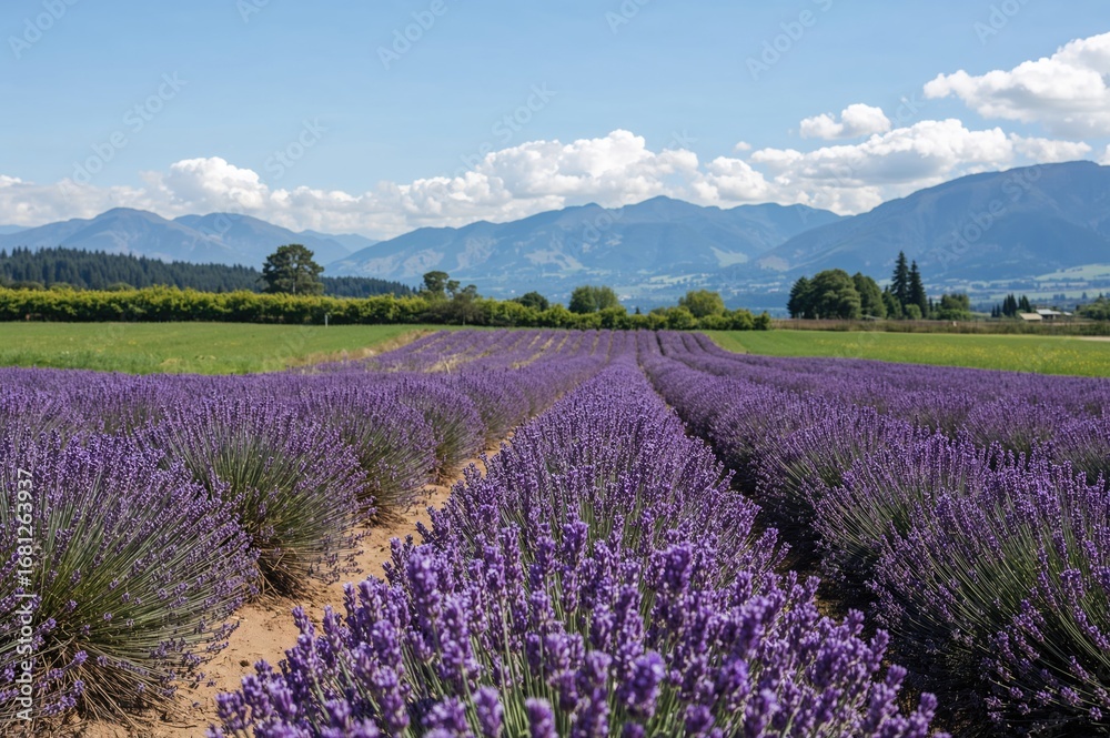 Naklejka premium Lavender fields provide breathtaking views of vibrant purple flowers set amidst beautiful landscapes, drawing visitors in search of fragrant serenity.