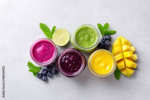 Fototapeta Naklejka Na Ścianę i Meble -  Colorful assortment of smoothie jars featuring vibrant flavors including berry, mango, and green blends, garnished with fresh mint and fruits on a light textured background