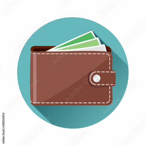 Stylish brown wallet with money, symbol of financial success and abundance, ideal for finance blogs, investment guides, and personal budgeting apps, originally a scalable vector graphic