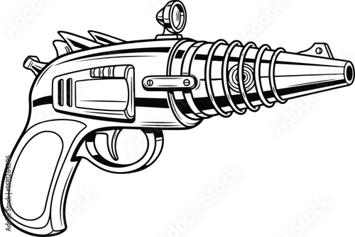 Ray Gun: A stylized line art illustration of a retro ray gun or space pistol, in a classic science fiction and comic book style.