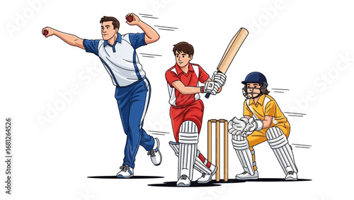 Cricket Game: A dynamic illustration captures the essence of cricket, featuring a bowler in action, a poised batsman ready to strike, and a vigilant wicket-keeper.