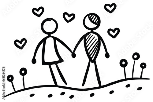 Simple Line Art of Couple Holding Hands with Hearts and Flowers Illustration