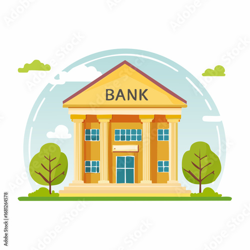 Charming bank building illustration with classic architectural details for financial service ads, promoting savings, loans, investment, and secure banking solutions, a modern approachable style