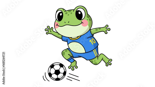 Frog Kicking Soccer Ball: A cute frog in soccer uniform dribbles and kicks a soccer ball with enthusiastic focus, set against a clean backdrop.