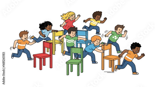 Musical Chairs Illustration: A vibrant illustration captures a classic game of musical chairs, showcasing a diverse group of children in mid-action around colorful chairs.