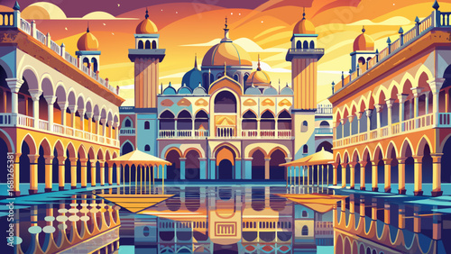 Piazza San Marco, Venice, Italy, shines with Byzantine mosaics, arched colonnades, and open waters. Gentle reflections shimmer; semi-realistic flat vector focusing on perspective, gold tones, and arch