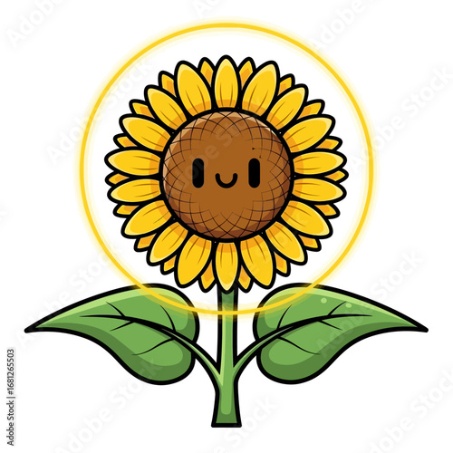 Smiling Sunflower Icon: A whimsical cartoon sunflower, its cheery face and vibrant petals exuding joy and vitality, radiates warmth.