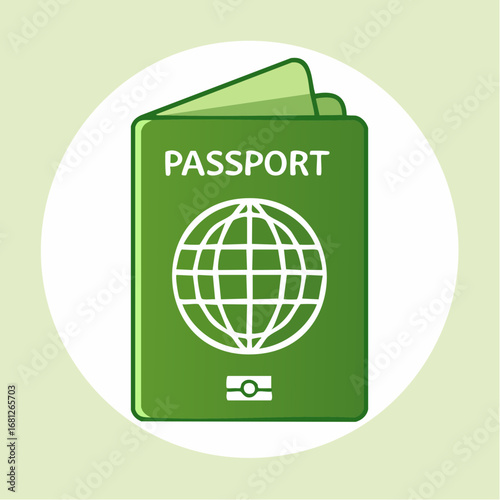 Green passport icon with global travel symbol, simplified modern design perfect for travel agency branding, immigration services, or international business, originally created as vector art