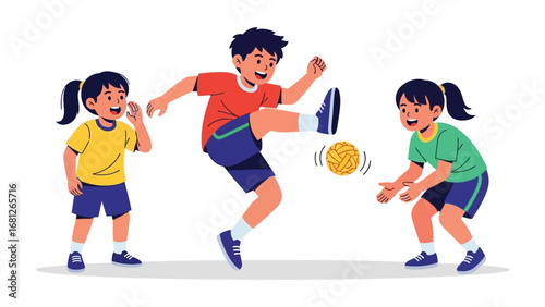 Children Playing Rattan Ball: A group of children, showcasing a traditional sport featuring a rattan ball, actively play, highlighting a sense of fun and camaraderie. 