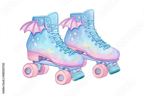 Pastel Roller Skates with Bat Wings and Star Wheels Watercolor Illustration for Kawaii Halloween Vibe on White Background