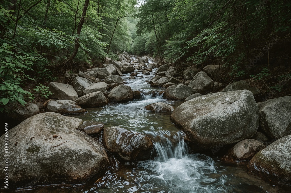 Fototapeta premium Peaceful woodland creek running over stones amidst dense foliage