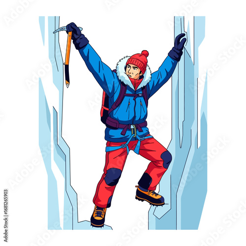 Ascent's Resolve: A determined mountaineer navigates a steep icy terrain, epitomizing the spirit of adventure with an unwavering focus, climbing towards his ultimate aspiration