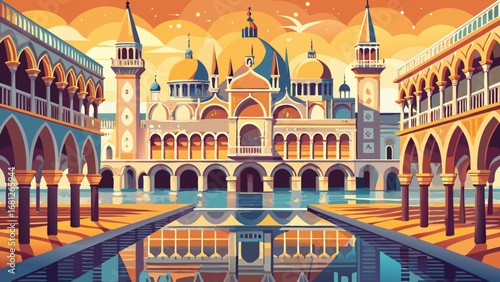 Piazza San Marco, Venice, Italy, shines with Byzantine mosaics, arched colonnades, and open waters. Gentle reflections shimmer; semi-realistic flat vector focusing on perspective, gold tones, and arch