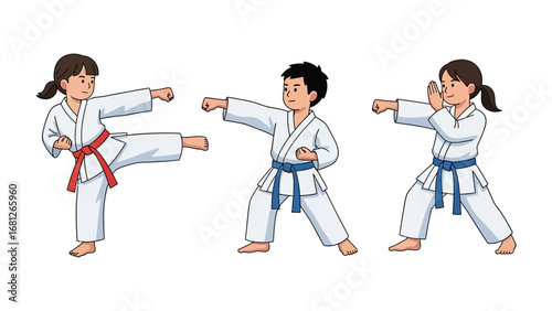 Karate Kids in Action: A captivating cartoon image of three young individuals executing karate stances with precision and focus, demonstrating strength and discipline. 