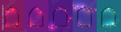 Set of Diwali Festival of Lights background with colorful ornamental arch and floral mandala, glowing lamps and garlands, traditional Indian holiday celebration. Vector illustration.