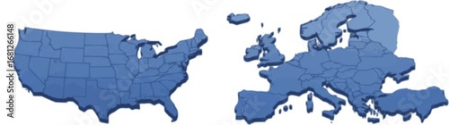 Vector illustration of USA and Europe maps in blue shades, showcasing geographical outlines with a modern, minimalist design on white background.
