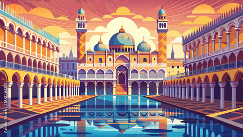 Piazza San Marco, Venice, Italy, shines with Byzantine mosaics, arched colonnades, and open waters. Gentle reflections shimmer; semi-realistic flat vector focusing on perspective, gold tones, and arch