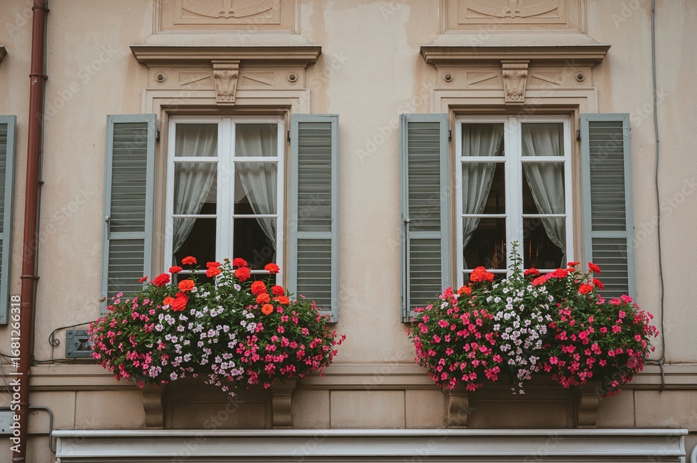 Fototapeta premium Classic residential building adorned with floral window decorations