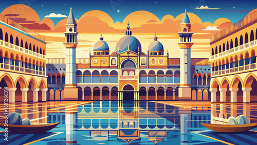 Piazza San Marco, Venice, Italy, shines with Byzantine mosaics, arched colonnades, and open waters. Gentle reflections shimmer; semi-realistic flat vector focusing on perspective, gold tones, and arch