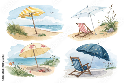 Watercolor Beach Scene with Umbrella and Chair
