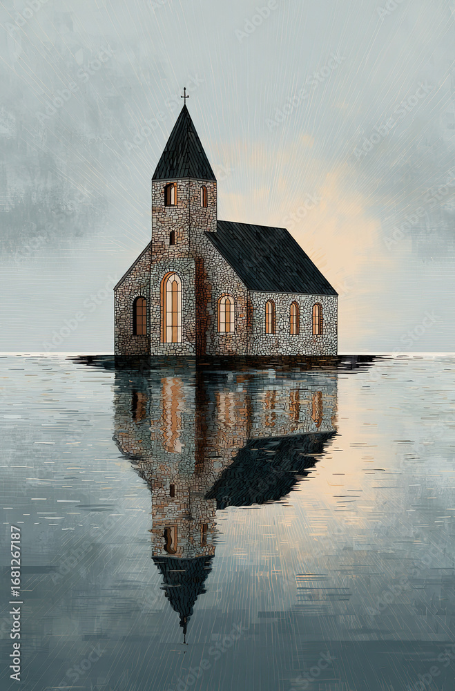 Obraz premium Stylized church with stained glass window reflection - Mountain lake setting - Serene landscape concept