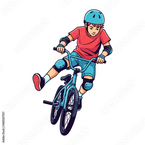 BMX Rider in Motion: Dynamic illustration of a young BMX rider performing a stunt, showcasing skillful agility and the spirit of extreme sports.
