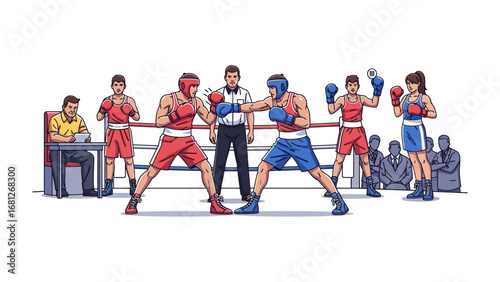 Intense Boxing Match in the Ring: Two determined boxers engage in a dynamic match, the energy and excitement captured in a vibrant illustration.