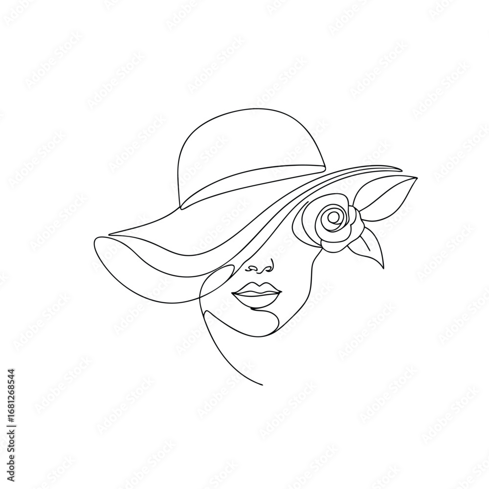 Fototapeta premium Elegant woman face with hat and rose line art