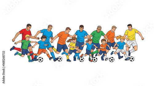 Soccer Family Fun: A vibrant illustration showcasing a large group of people, both adults and children, engaging in a lively soccer game. The image captures the energy and joy of family sports.