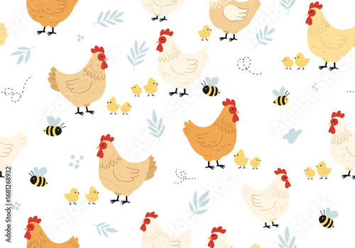 Charming farmyard friends a whimsical chicken and bee pattern for a rural escape