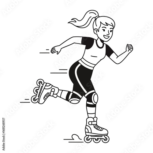 Speed and Grace: The image captures the vibrant energy of a woman rollerblading. She embodies the joy of movement and the freedom of the open path. The picture is dynamic.