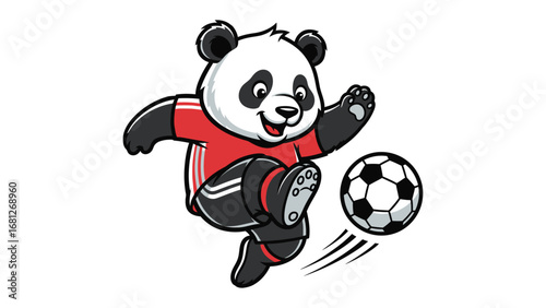 Panda Soccer Star: An adorable cartoon panda, donned in a sporty outfit, skillfully kicks a classic soccer ball, embodying the fun of sport and playful energy.