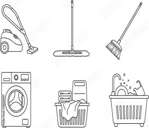 Cleaning, household, chores, vacuum, mop, broom, washing machine, laundry basket, detergent, dishes, faucet, soap, tools, vector, silhouette, black, white, hygiene, home, icon, illustration