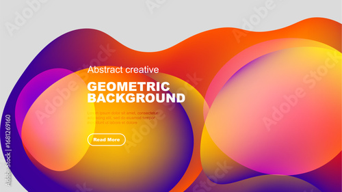 Vibrant abstract shapes overlap black background. Orange, purple hues dominate design, text present. Modern aesthetic.