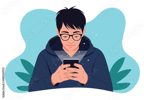 Young man wearing glasses concentrating on his smartphone interaction with digital technology