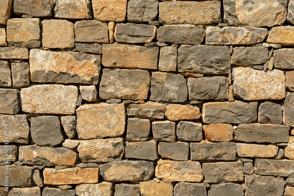 High-resolution image of a rustic stone wall with varying shades of brown and gray stones. Perfect for backgrounds and textures.