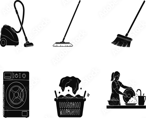 Cleaning, household, chores, vacuum, mop, broom, washing machine, laundry basket, dishwashing, sink, soap, tools, vector, silhouette, black, white, hygiene, home, icon, illustration