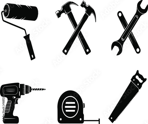 Construction tools, silhouette, hammer, wrench, drill, saw, paint roller, welding mask, safety gear, DIY, repair, vector, black, white